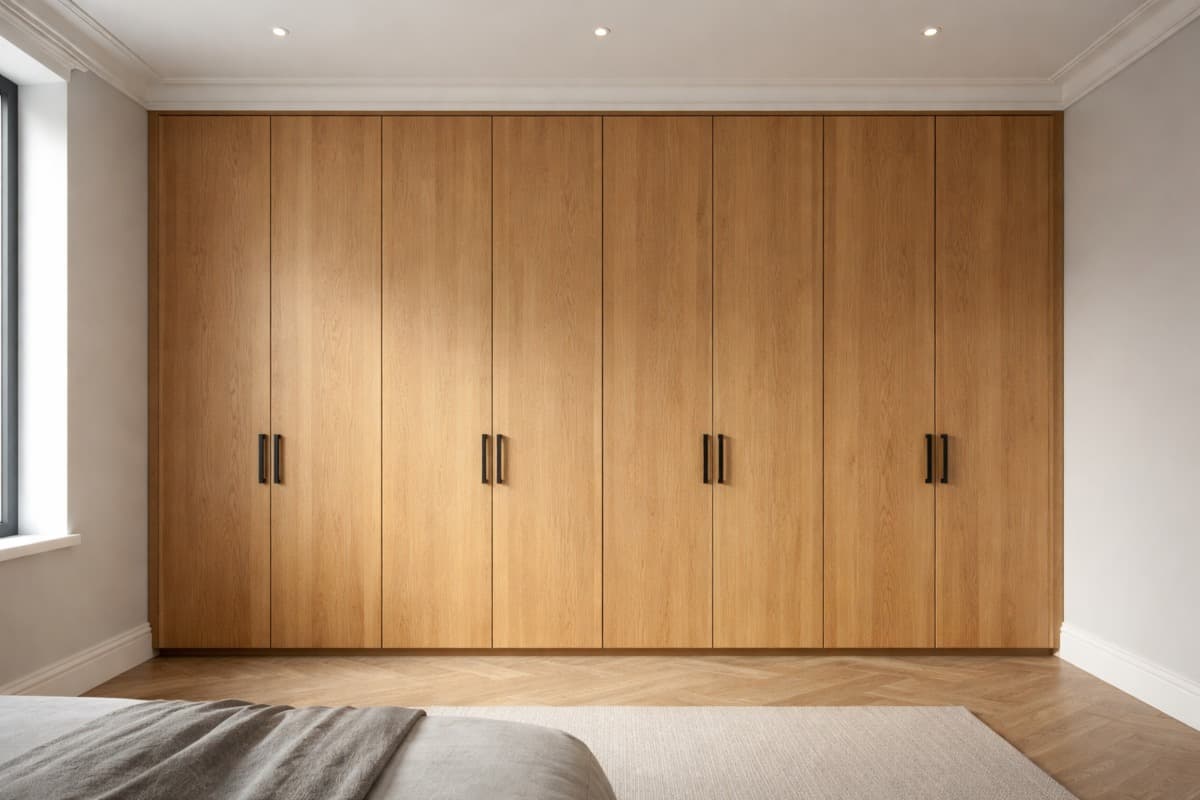 Wall-to-wall run, oak finish