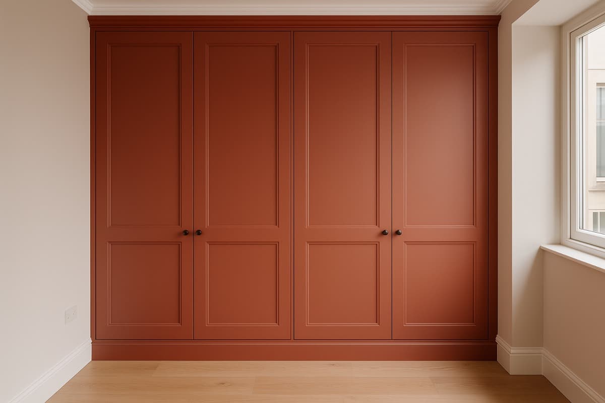 Fitted wardrobe with shaker doors painted in warm clay